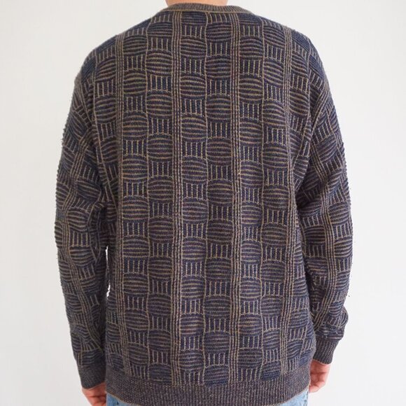 VTG '80S Navy Olive 3D Biggie Cosby Eclectic Grandpa Chunky Crewneck Sweater XL - Picture 2 of 11